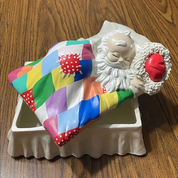 Ceramic Santa Sleeping Under Colorful Quilt Trinket Box with Removable Lid - Picture 2 of 7